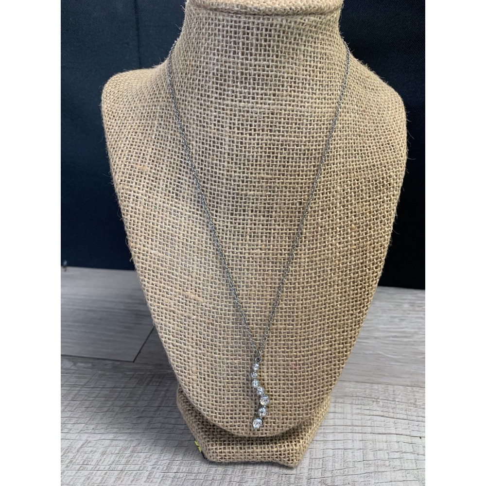 Womens Silver Tone Graduated Crystal Curved Vertical Drop Pendant Necklace 18in